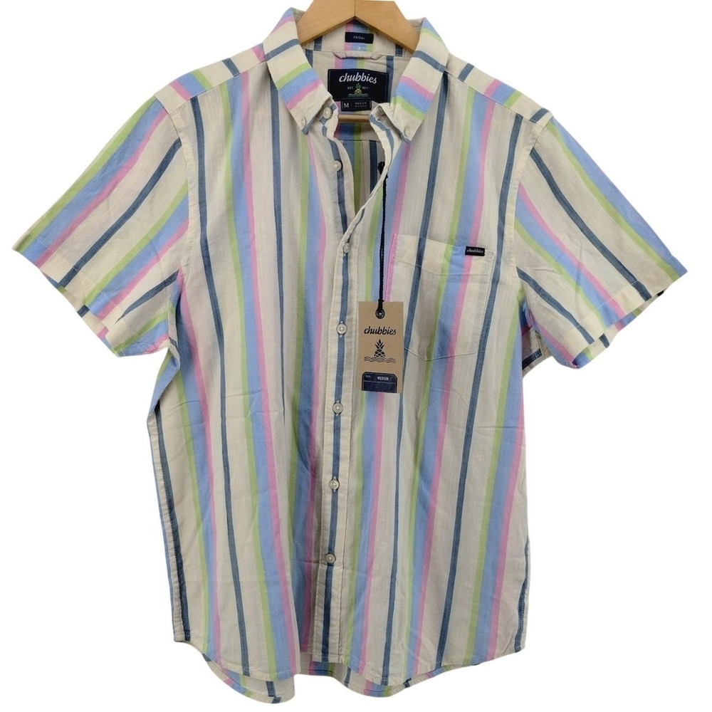 NWT Chubbies‎ Mens Short Sleeve Friday Shirt Resort Weave Medium Striped